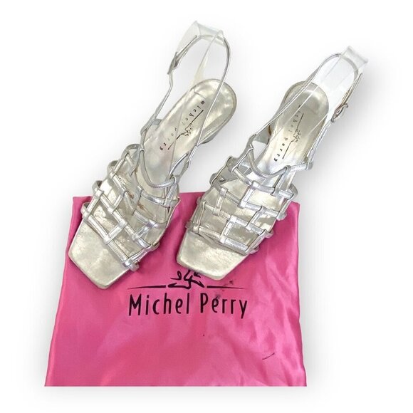 Michel Perry silver leather caged sling back sandal, Size 37 EU, Vintage from 90 - Picture 2 of 13